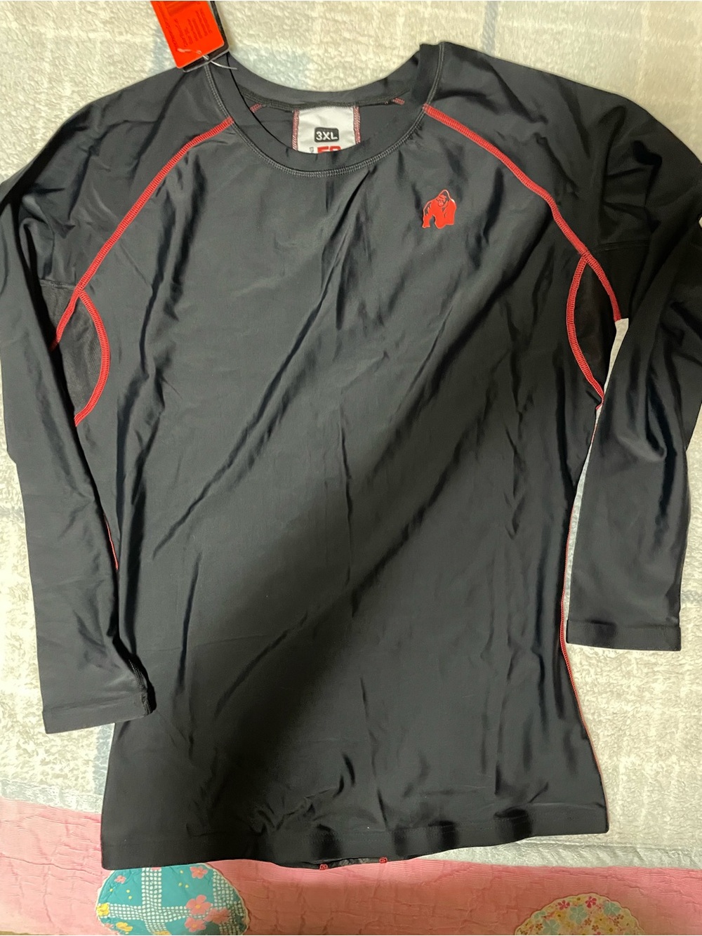 3XL Black Long-Sleeve Athletic Tee with Red Accents compression shirt